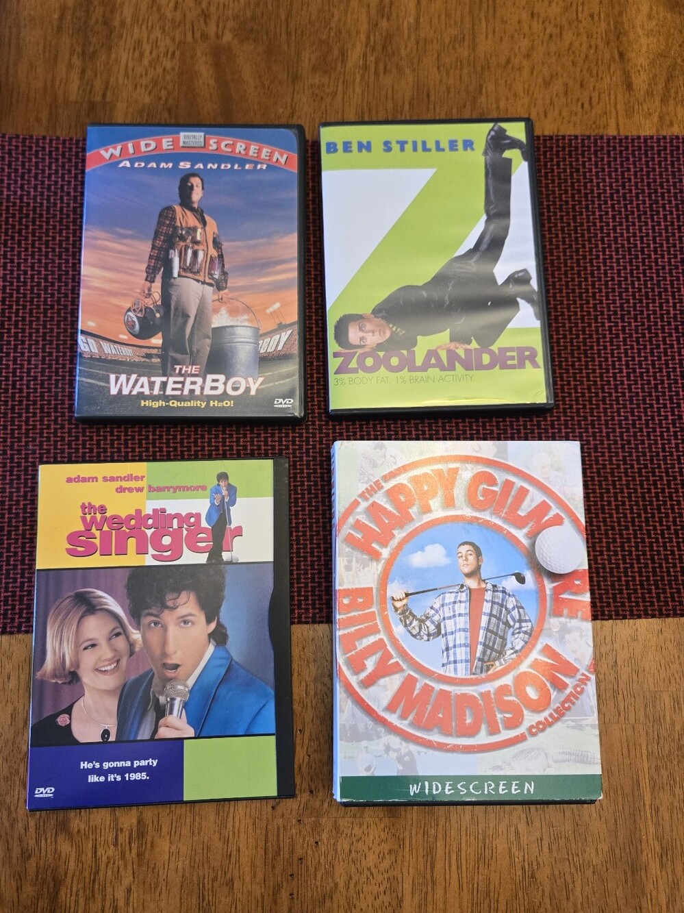 Wedding Singer, Zoolander, Water Boy, Billy Madison, Happy Gilmore. DVDs